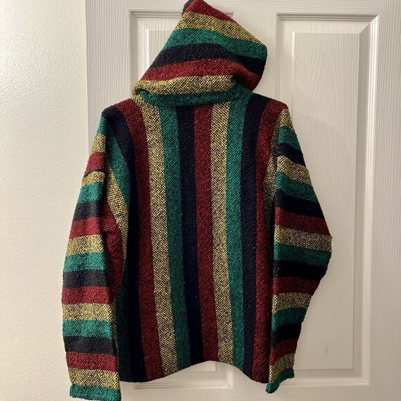 Vtg Baja Jacket L Molina Rasta Striped Pullover Drug Rug Hoodie Skater Surfer 90 - Picture 5 of 7